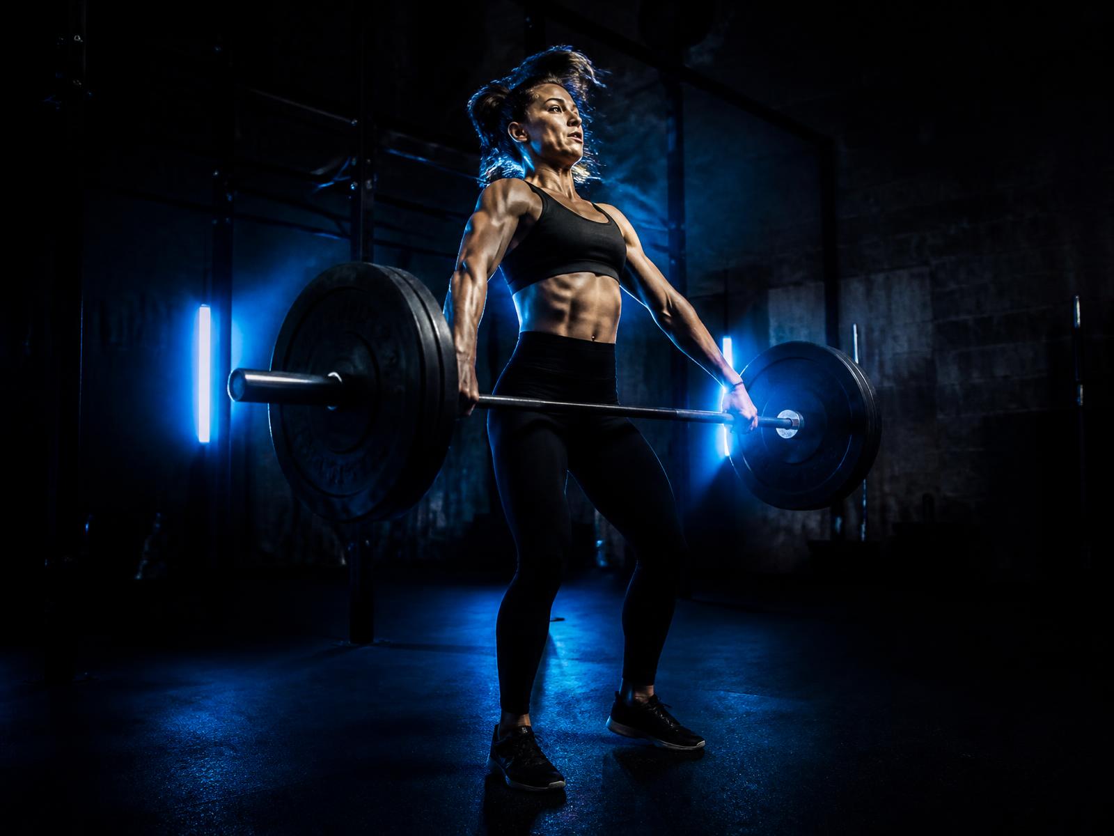 Atleta executando levantamento olímpico em box de CrossFit com iluminação azul
